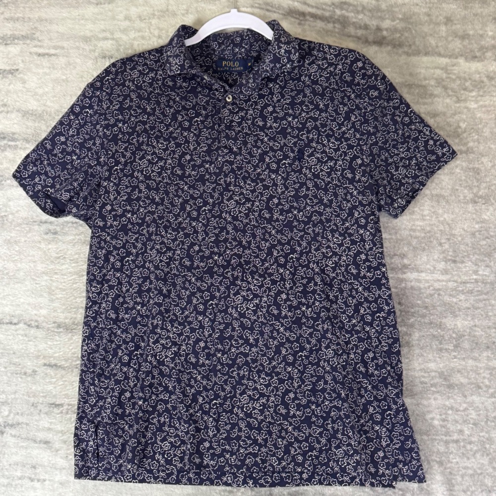 Polo Ralph Lauren Mens Navy Blue Floral Print Short Sleeve Cotton Polo Shirt M